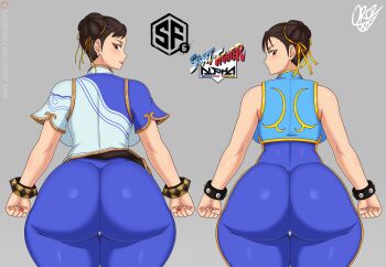 1girl 2girls absurdres ass capcom chun-li doppelganger dual_persona evolution grey_background highres huge_ass looking_back multiple_girls official_alternate_costume street_fighter street_fighter_6 street_fighter_zero_(series) the_king_of_fighters_all-stars