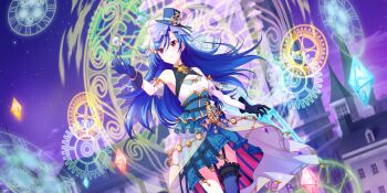 1girl asymmetrical_legwear belt black_belt black_garter_straps black_gloves black_hat blue_gemstone blue_hair blue_thighhighs breasts building casting_spell cleavage cleavage_cutout clock clock_tower closed_mouth clothing_cutout corset cowboy_shot detached_sleeves dot_nose dress dutch_angle game_cg garter_straps gear_hat_ornament gears gem gloves green_corset green_skirt hair_between_eyes hat hat_ornament highres lapis_re:lights layered_skirt long_hair magic_circle medium_breasts mini_hat mini_top_hat night night_sky official_art outdoors purple_gemstone red_eyes red_gemstone rosetta_(lapis_re:lights) see-through_skirt_layer single_detached_sleeve single_thighhigh skirt sky sleeveless sleeveless_dress solo star_(sky) starry_sky thighhighs third-party_source tilted_headwear top_hat tower town underbust white_dress white_sleeves yellow_gemstone