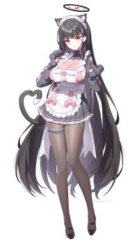 1girl absurdres alternate_costume animal_ear_fluff animal_ears animal_hands apron black_gloves black_hair black_halo black_pantyhose black_shoes black_tail blue_archive bow breasts cat_ears cat_girl cat_tail commentary_request enmaided frilled_apron frilled_hairband frilled_thigh_strap frills gloves hair_behind_ear hairband halo hands_up high_heels highres kemonomimi_mode large_breasts long_hair looking_at_viewer maid maid_apron maid_headdress multicolored_halo pantyhose paw_gloves pink_bow red_eyes red_halo rio_(blue_archive) shoes sideboob simple_background tachi-e tail taiyaki12 thigh_strap two-tone_halo very_long_hair white_apron white_background white_headdress