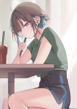 1girl absurdres black_shorts brown_eyes brown_hair chocolate_milk commentary_request cup dolphin_shorts drinking_glass green_shirt highres original pen shin_no_tenpii shirt short_shorts shorts sitting solo