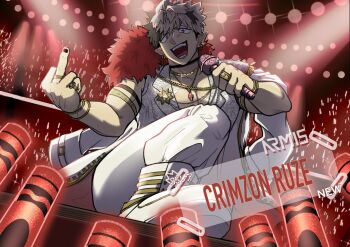 1boy 55wa1059ka black_choker black_nails boots bracelet brooch brown_hair chain chain_necklace character_name choker coat coat_on_shoulders concert crimzon_ruze crowd ear_piercing earrings fangs fur_collar fur_trim gem glowstick gold_bracelet gold_ring highres holding holding_microphone holostars holostars_english idol idol_clothes jewelry knee_up male_focus microphone middle_finger multicolored_hair nail_polish necklace open_mouth pants pectoral_cleavage pectorals penlight_(glowstick) piercing pointy_ears purple_eyes red_gemstone ring scar scar_on_chest solo spotlight stage stage_lights star_brooch two-tone_hair vest virtual_youtuber white_boots white_coat white_pants