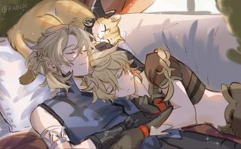 2boys aether_(genshin_impact) albedo_(genshin_impact) animal animal_ears animal_nose armlet artist_name bandana bare_shoulders black_bandana black_gloves blanket blonde_hair blue_pants blue_shirt braid brown_pants brown_shirt cat cat_ears cat_tail closed_eyes closed_mouth commentary curtains day earrings english_commentary genshin_impact gloves hair_between_eyes hand_on_another&#039;s_head highres jewelry long_hair low-braided_long_hair low-tied_long_hair lying male_focus mandarin_collar midriff multiple_boys on_back on_bed on_side pants pet pillow rinjkk scar shadow shirt short_hair short_sleeves single_braid single_earring sir_pouncelot_(genshin_impact) sleeveless sleeveless_shirt smile sparkle spiked_armlet tail window yaoi yellow_fur