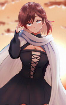 Rule 34 | 1girl, absurdres, black corset, black skirt, breasts, cape, cleavage, cleavage cutout, clothing cutout, commentary, corset, grey eyes, hand in own hair, highres, kumanosigenium1, looking at viewer, medium hair, red hair, rwby, skirt, smile, solo, summer rose, sunset, white cape
