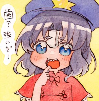 1girl black_ribbon blue_eyes blush chinese_clothes commentary_request finger_in_own_mouth hat hat_ornament jiangshi looking_at_viewer miyako_yoshika neck_ribbon newsboy_cap ofuda open_mouth painting_(medium) pppppks purple_hair purple_hat red_shirt ribbon sharp_teeth shirt short_hair short_sleeves simple_background solo star_(symbol) star_hat_ornament tangzhuang teeth thick_eyebrows touhou traditional_media translation_request upper_body watercolor_(medium)