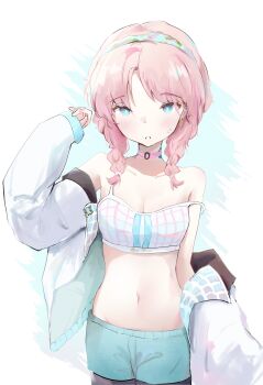 1girl absurdres ald_(arudoo) arknights bare_shoulders blue_eyes blue_poison_(arknights) blue_poison_(shoal_beat)_(arknights) blue_shorts braid breasts choker commentary hairband highres jacket jacket_partially_removed leggings leggings_under_shorts looking_at_viewer navel official_alternate_costume open_clothes open_jacket pink_choker pink_hair pink_sports_bra shorts small_breasts solo sports_bra standing stomach twin_braids white_jacket white_sports_bra