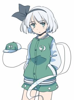 1girl alternate_costume baseball_cap black_hairband black_ribbon buttons commentary_request cowboy_shot expressionless ghost_print green_eyes green_jacket green_skirt grey_hair hair_ribbon hairband hands_in_pockets hat jacket konpaku_youmu konpaku_youmu_(ghost) light_blush long_sleeves miniskirt rangycrow ribbon simple_background skirt solo touhou white_background white_sleeves