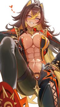 Rule 34 | 0nineo9, 1girl, abs, absurdres, black bodysuit, black gloves, black jacket, blonde hair, blue eyes, bodysuit, breasts, brown hair, censored, cleavage, commentary, cosplay, cropped jacket, crossed bangs, dark-skinned female, dark skin, dehya (genshin impact), detached collar, earrings, english commentary, genshin impact, gloves, gold trim, grin, hair between eyes, hair intakes, highres, jacket, jewelry, large breasts, lion, long hair, long sleeves, looking at viewer, mavuika (genshin impact), mavuika (genshin impact) (cosplay), multicolored hair, navel, neck ring, novelty censor, smile, solo, streaked hair, thighs, toned, toned female