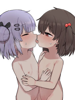2girls absurdres blush brown_eyes closed_eyes commentary_request flat_chest french_kiss hair_ornament highres kiss kodomo_doushi korean_commentary lakilolom loli mixed-language_commentary multiple_girls nipples nude original paid_reward_available profile simple_background tongue variant_set white_background yuri