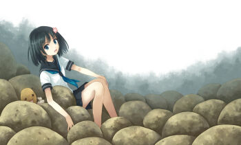 1girl bad_id bad_pixiv_id black_hair blue_eyes female_focus flower gradient_background hair_flower hair_ornament open_mouth original rock school_uniform serafuku short_hair sitting smile solo white_background yakka