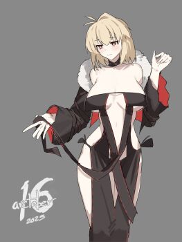 1girl absurdres arcueid_brunestud black_dress blonde_hair blush breasts center_opening choker cosplay dress fate/grand_order fate_(series) fur-trimmed_jacket fur_collar fur_trim grey_background highres jacket jonyeld large_breasts leather leather_choker navel red_eyes red_trim revealing_clothes ribbon-trimmed_dress ribbon_trim short_hair simple_background solo strapless strapless_dress trait_connection tsukihime vampire yu_mei-ren_(fate) yu_mei-ren_(fate)_(cosplay) yu_mei-ren_(third_ascension)_(fate)