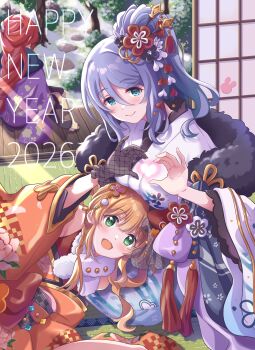 3girls absurdres blush braid commentary_request fur-trimmed_kimono fur_trim green_eyes hair_ornament heart heart_hands highres hime_cut japanese_clothes kimono labyrista_(princess_connect!) multiple_girls new_year orange_hair princess_connect! purple_hair red_hair rino_(new_year)_(princess_connect!) rino_(princess_connect!) shizuru_(new_year)_(princess_connect!) shizuru_(princess_connect!) smile tassel tsukachii wide_sleeves