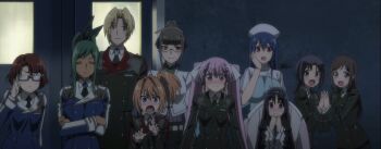 1boy 6+girls blonde_hair blue_hair blush braid braided_ponytail breasts brown_hair closed_eyes crossed_arms doctor glasses green_hair hair_bun hair_ribbon hand_on_own_face hat highres hundred_(light_novel) kirishima_sakura_(hundred) large_breasts long_hair looking_at_viewer medium_breasts multiple_girls necktie nurse_cap open_mouth orange_hair own_hands_clasped pink_hair ponytail purple_eyes purple_hair red_hair ribbon school_uniform sitting smile stitched surprised third-party_edit tongue twintails wheelchair