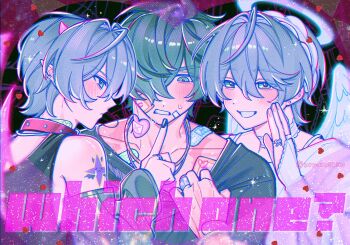 Rule 34 | 3boys, angel, angel and devil, angel wings, artist name, bandaid, bandaid on cheek, bandaid on face, bandaid on neck, bandaid on shoulder, barbell piercing, black shirt, black sleeves, black tank top, blush, bridal gauntlets, choker, clenched teeth, collar, collarbone, commentary request, crossed bangs, demon boy, demon horns, detached sleeves, dual persona, ear piercing, earrings, english text, feathered wings, glint, green eyes, green hair, grey hair, grin, hair between eyes, hair intakes, hair over one eye, hairband, halo, hand up, heart, horns, index finger raised, industrial piercing, jewelry, lighter (zenless zone zero), long sleeves, looking at another, looking down, male focus, multiple boys, necklace, one eye covered, parted bangs, piercing, pointy ears, red collar, red horns, ring, scar, scar on shoulder, shirt, short hair, shoulder tattoo, smile, sparkle, stud earrings, studded collar, tank top, tattoo, teeth, twitter username, upper body, urouroshiro, white bridal gauntlets, white choker, white hairband, white wings, wings, wise (zenless zone zero), yaoi, zenless zone zero