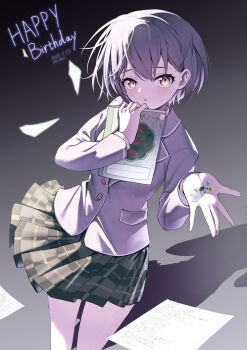 1girl absurdres bandaid bang_dream! bang_dream!_it&#039;s_mygo!!!!! blush brown_eyes commentary dated green_skirt grey_hair grey_jacket happy_birthday highres holding holding_notebook jacket kaidouzy long_sleeves looking_at_viewer notebook open_mouth paper pleated_skirt short_hair skirt solo takamatsu_tomori