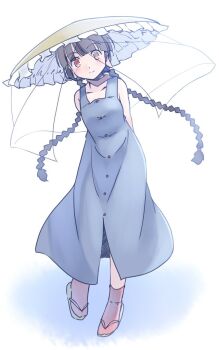 1girl arms_behind_back bare_shoulders black_hair buttons collarbone commentary_request dress full_body grey_dress hat light_blush light_smile long_earlobes one-hour_drawing_challenge orange_eyes rangycrow red_socks sandals see-through_clothes see-through_veil shadow sleeveless sleeveless_dress socks solo split_mouth straw_hat touhou veil white_background yatadera_narumi