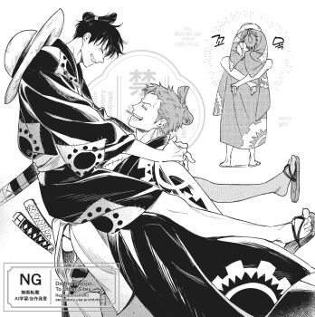 Rule 34 | 2boys, absurdres, arms around neck, carrying, closed eyes, commentary, earrings, evrinuk, from behind, from side, greyscale, grin, hat, highres, hug, japanese clothes, jewelry, katana, kimono, male focus, monkey d. luffy, monochrome, mouth hold, multiple boys, multiple views, official alternate costume, official alternate hairstyle, one piece, print kimono, roronoa zoro, sandals, sheath, sheathed, short hair, shoulder carry, smile, standing, straw hat, sword, symbol-only commentary, teeth hold, unworn hat, unworn headwear, weapon, wide sleeves