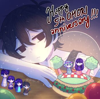 1boy antenna_hair aubrey_(headspace)_(omori) aubrey_(omori) basil_(headspace)_(omori) basil_(omori) black_eyes black_hair black_tank_top closed_mouth collarbone colored_skin commentary copyright_name donuqx double-parted_bangs english_commentary english_text expressionless figure fingernails hair_between_eyes happy_anniversary hero_(headspace)_(omori) hero_(omori) kel_(headspace)_(omori) kel_(omori) male_focus mari_(headspace)_(omori) mari_(omori) omori omori_(omori) short_hair snow_globe snowing solo tank_top twitter_username upper_body white_skin