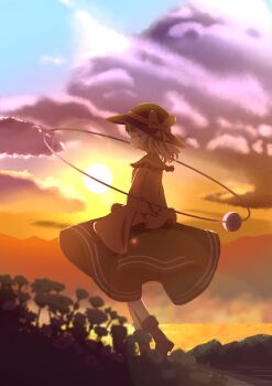 1girl absurdres black_hat boots bow buttons closed_eyes closed_mouth cloud cloudy_sky collared_shirt commentary_request diamond_button eyeball frilled_shirt_collar frills green_hair green_skirt hat hat_bow highres komeiji_koishi outdoors shirt skirt sky smile solo sun third_eye touhou walking wrainman yellow_bow yellow_shirt