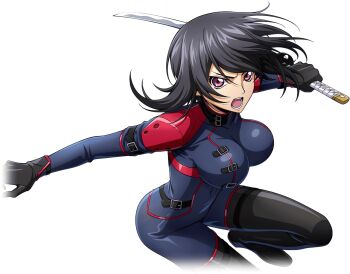 1girl arms_up artist_request black_boots black_gloves black_hair blue_bodysuit bodysuit boots breasts code_geass code_geass:_boukoku_no_akito code_geass:_lost_stories covered_collarbone covered_navel cropped_legs female_focus fighting_stance game_cg gloves holding holding_sword holding_weapon katana kousaka_ayano large_breasts leg_up looking_at_viewer medium_hair non-web_source official_art open_mouth outstretched_arms pink_eyes reverse_grip sidelocks simple_background solo standing standing_on_one_leg sword teeth thigh_boots tongue transparent_background v-shaped_eyebrows weapon