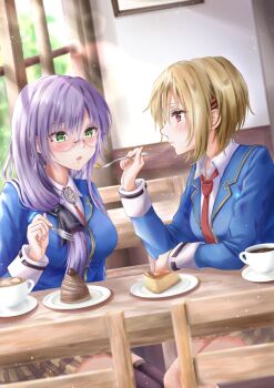 2girls absurdres blush brown_hair cafe cake cake_slice chair coffee_mug commentary_request cup feeding food fork glasses green_eyes hair_ornament heaven_burns_red highres holding holding_fork holding_spoon izumi_yuki_(heaven_burns_red) kayamori_ruka latte_art long_hair mug multiple_girls necktie purple_hair red_eyes restaurant sitting skirt socks spoon table thighhighs wooden_chair wooden_table yuri yuzu_hirari