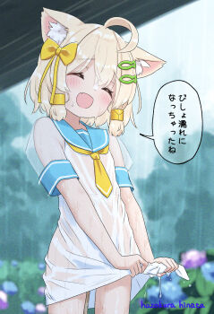 1boy ^_^ ahoge animal_ears blonde_hair blue_sailor_collar blush bow cat_boy cat_ears closed_eyes crossdressing crossdressing_(mtf) dress fish_hair_ornament flower hair_bow hair_ornament happy hazakura_hinata highres hydrangea kaya_(hazakura_hinata) male_focus open_mouth outdoors rain sailor_collar see-through_clothes short_hair short_sleeves smile solo speech_bubble translated trap wet wet_clothes yellow_bow