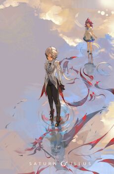 2girls absurdres ahoge arlecchino_(genshin_impact) artist_name black_hands black_pants black_shoes clervie_(genshin_impact) cloud cloudy_sky colored_extremities dress frilled_cuffs full_body genshin_impact green_eyes grey_hair hair_between_eyes headband highres jacket jewelry long_hair looking_to_the_side multiple_girls necklace pants pink_hair ponytail reflection reflective_liquid ripples saturn_(saturn_illus) shoes sky standing standing_on_liquid symbol-shaped_pupils tailcoat white_dress white_jacket x-shaped_pupils