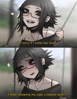 1girl absurdres bare_shoulders black-framed_eyewear black_hair blush copyright_request glasses highres jewelry looking_at_viewer mikuneki necklace open_mouth original riyo_kaede_(mikuneki) short_hair smile solo swing_set