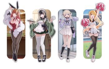 4girls absurdres alternate_costume apron black_dress black_hair black_pantyhose black_thighhighs blonde_hair breasts cheerleader dress grey_eyes grey_hair hashtag-only_commentary highres holding holding_pom_poms hololive hololive_dev_is ichijou_ririka juufuutei_raden kaguya_(srx61800) large_breasts leotard looking_at_viewer maid maid_apron maid_headdress multicolored_hair multiple_girls one_eye_closed open_mouth orange_eyes orange_hair otonose_kanade pantyhose playboy_bunny pom_pom_(cheerleading) pom_poms purple_hair purple_shirt red_leotard regloss_(hololive) shirt skirt small_breasts smile streaked_hair thigh_strap thighhighs todoroki_hajime virtual_youtuber white_apron white_skirt white_thighhighs