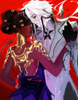 2girls arcane:_league_of_legends arlecchino_(genshin_impact) black_hair catfurnac3 coat commentary crossover dark-skinned_female dark_skin dress earrings english_commentary genshin_impact grey_coat hair_bun hand_on_another's_back highres jewelry league_of_legends mel_(league_of_legends) multicolored_hair multiple_girls red_background red_eyes two-tone_hair white_hair yellow_eyes yuri