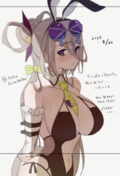 1girl 4392hirasakai animal_ears bare_shoulders black_one-piece_swimsuit blush breasts cleavage detached_collar detached_sleeves eyewear_on_head fake_animal_ears fate/grand_order fate_(series) grey_hair hair_between_eyes hair_ornament hair_rings hairclip highleg highleg_one-piece_swimsuit highres huyan_zhuo_(fate) huyan_zhuo_(swimsuit_berserker)_(fate) large_breasts long_hair looking_at_viewer low_twintails navel necktie one-piece_swimsuit plunging_neckline purple_eyes solo sunglasses swimsuit translation_request twintails very_long_hair