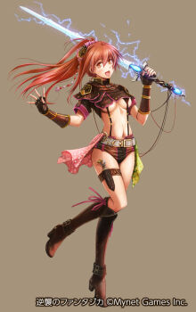 1girl :d black_gloves black_shirt boots breasts brown_background brown_boots brown_shorts commentary_request copyright_notice crop_top cropped_shirt double-parted_bangs fingerless_gloves full_body gloves gyakushuu_no_fantasica hair_between_eyes highres holding holding_sword holding_weapon knee_boots long_hair looking_at_viewer medium_breasts micro_shorts navel official_art open_mouth orange_eyes orange_hair ponytail shirt short_sleeves shorts simple_background smile solo standing standing_on_one_leg suspenders sword ueda_metawo underboob weapon