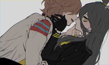 2girls agnes_tachyon_(tach-nology)_(umamusume) agnes_tachyon_(umamusume) ahoge animal_ears black_coat black_gloves black_hair brown_hair coat commentary_request ear_ornament ear_tag earrings expressionless gloves hair_between_eyes hair_over_one_eye hand_on_another&#039;s_chin hand_on_another&#039;s_face hand_up highres horse_ears horse_girl imminent_kiss jewelry lab_coat long_bangs long_hair long_hair_between_eyes long_sleeves manhattan_cafe_(creeping_black)_(umamusume) manhattan_cafe_(umamusume) mii_(sogemasaru) multicolored_hair multiple_girls necktie parted_lips short_hair simple_background single_earring smile umamusume very_long_hair white_background white_coat white_hair yellow_necktie yuri