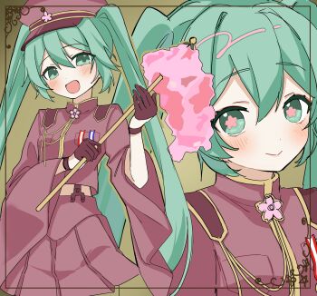 Rule 34 | 1girl, absurdres, border, closed mouth, collared coat, commentary, cowboy shot, flower-shaped pupils, gohei, gold trim, green eyes, green hair, hair between eyes, hat, hatsune miku, hatsune miku (ichi no sakura oka), highres, holding, holding gohei, japanese clothes, long hair, long sleeves, looking at viewer, military uniform, multiple views, official alternate costume, oonusa, open mouth, peaked cap, pink pupils, pleated skirt, senbonzakura (vocaloid), sidelocks, simple background, skirt, smile, standing, untranslatable commentary, symbol-shaped pupils, twintails, upper body, very long hair, vocaloid, wide sleeves, yukia 1128