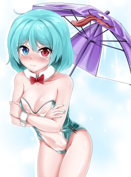 1girl alternate_costume blue_eyes blue_hair blue_leotard blue_nails blush bow bowtie breasts cleavage closed_mouth collar commentary_request cowboy_shot crossed_arms detached_collar fingernails heterochromia highres karakasa_obake large_breasts leotard looking_at_viewer muki_(munikichan) purple_umbrella red_bow red_bowtie red_eyes short_hair solo tatara_kogasa tongue touhou transparent_leotard umbrella white_collar
