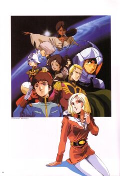 1980s_(style) 3boys 3girls amuro_ray belt bindi blonde_hair bright_noa brown_hair char's_counterattack char_aznable combat_helmet dark_skin dual_persona earth_(planet) earth_federation epaulettes eye_mask gundam haro helmet highres indian lalah_sune looking_at_viewer magazine_scan mask mecha_pilot_suit mikimoto_haruhiko military_uniform mirai_yashima mobile_suit_gundam multiple_boys multiple_girls neo_zeon non-humanoid_robot normal_suit_(gundam) official_art oldschool pantyhose pet planet promotional_art retro_artstyle robot salute sayla_mass scan science_fiction signature sitting traditional_media zeon