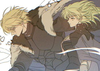 1boy 1girl armor black_armor black_cape black_fur blonde_hair blue_cape blue_eyes breastplate breasts cape closed_mouth cowboy_shot dimitri_alexandre_blaiddyd dimitri_alexandre_blaiddyd_(timeskip) female_byleth_(fire_emblem) fire_emblem fire_emblem:_three_houses floating_hair gorget green_eyes green_hair highres kasww medium_breasts nintendo profile white_background white_fur