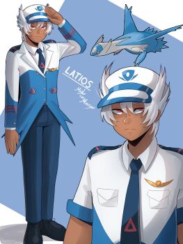 1boy absurdres arm_at_side arm_up artist_name black_shoes blue_background character_name commentary_request dark-skinned_male dark_skin gen_3_pokemon hair_between_eyes highres jacket latios legendary_pokemon male_focus mielthemouse multiple_views necktie nintendo personification pocket pokemon pokemon_(creature) red_eyes reference_inset salute shirt shoes spiked_hair standing white_hair white_shirt