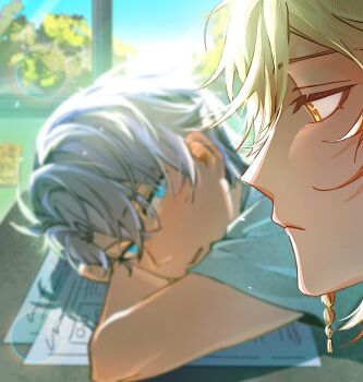 2boys absurdres antenna_hair blonde_hair blue_eyes blush braid chinese_commentary commentary_request desk gradient_hair head_down highres honkai:_star_rail honkai_(series) looking_at_another male_focus medium_hair mochenxiangyi multicolored_hair multiple_boys mydei_(honkai:_star_rail) parted_bangs parted_lips phainon_(honkai:_star_rail) profile red_hair school_desk school_uniform short_hair short_sleeves side_braid white_hair window yaoi yellow_eyes