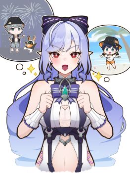 Rule 34 | 1boy, 2girls, ahoge, animal print, belle (summer skies) (zenless zone zero), belle (zenless zone zero), benis zzz, bikini, bikini bottom under shorts, bikini under clothes, blue hair, bow, bowtie, bucket hat, butterfly print, chibi, clothing cutout, commentary request, drill hair, drill sidelocks, eous (zenless zone zero), fish hat, frilled wrist cuffs, frills, green eyes, grey hair, grey shorts, hair ornament, hat, heart cutout, highres, letter hair ornament, multiple girls, official alternate costume, one-piece swimsuit, open mouth, orange shorts, pointy ears, purple bow, purple bowtie, purple eyes, red eyes, shirt, shorts, sideboob cutout, sidelocks, smile, sparkling eyes, speech bubble, sphere hair ornament, stomach cutout, swimsuit, thought bubble, tied shirt, two-tone one-piece swimsuit, upper body, vivian banshee, vivian banshee (iris of the shore), white background, white one-piece swimsuit, white shirt, wise (peaceful waves) (zenless zone zero), wise (zenless zone zero), wrist cuffs, zenless zone zero