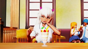 2boys 2girls 3d alternate_costume artist_request blonde_hair blue_hair blush breasts closed_eyes collared_shirt dark-skinned_female dark_skin facing_viewer food fuuma_kotarou_(taimanin_series) happy hetero highres holding holding_food holding_spoon ice_cream kangoku_senkan kangoku_senkan_2 kangoku_senkan_3 kila_kushan large_breasts lips long_hair looking_at_another looking_at_viewer maya_cordelia multiple_boys multiple_girls open_mouth orange_hair school_uniform shiny_skin shirt short_hair spoon taimanin_(series) taimanin_rpgx twintails white_shirt