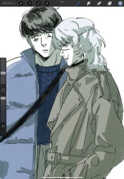 Rule 34 | 2boys, art program in frame, badeni, bag, bags under eyes, black hair, blonde hair, blue coat, blue sweater, chi.: chikyuu no undou ni tsuite, coat, commentary request, contemporary, eyepatch, grey coat, highres, knit sweater, male focus, medium hair, multiple boys, non kibou, oczy, parted lips, scar, scar on face, scar on mouth, scar on nose, short hair, shoulder bag, sweatdrop, sweater, trench coat, upper body