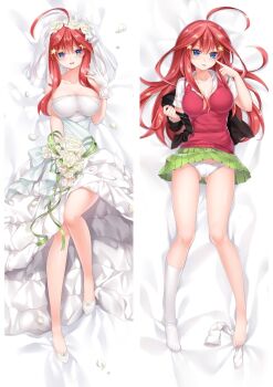 1girl :d ahoge bed_sheet black_jacket blue_eyes blush breasts bridal_veil cameltoe cleavage clothes_lift collarbone dakimakura_(medium) dress flower from_above gloves gluteal_fold go-toubun_no_hanayome green_ribbon green_skirt hair_between_eyes hair_flower hair_ornament high_heels jacket jewelry kneehighs large_breasts long_hair lying miniskirt moeanime nakano_itsuki on_back open_clothes open_jacket open_mouth ornate_ring panties pleated_skirt pumps red_hair red_sweater ribbon ring rose school_uniform shiny_skin shirt short_sleeves skirt skirt_lift smile socks solo split_screen star_(symbol) star_hair_ornament strapless strapless_dress sweater sweater_vest tongue tongue_out underwear veil very_long_hair wedding_dress wedding_ring white_dress white_flower white_footwear white_gloves white_panties white_rose white_shirt white_socks