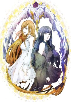 Rule 34 | 2girls, ascot, back-to-back, belt, black ascot, black belt, black dress, black lips, black thighhighs, blue eyes, blue hair, breasts, commentary, copyright name, dress, eden (final fantasy), english commentary, final fantasy, final fantasy xiv, gaia (ff14), goth fashion, hair ribbon, hyur, long hair, long sleeves, medium breasts, multiple girls, orange hair, pink ribbon, ribbon, ruka (blueplus84), ryne waters, sleeveless, sleeveless dress, thighhighs, twitter username, white dress, zettai ryouiki