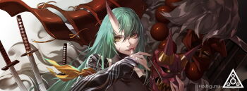 1girl absurdres arknights bead_necklace beads black_shirt blood blood_on_face character_name commentary eyeliner green_hair hands_up highres holding holding_mask horns hoshiguma_(arknights) hoshiguma_(ronin_huntress)_(arknights) jewelry jiji_(pixiv10646874) katana long_hair long_sleeves looking_at_viewer makeup mask necklace official_alternate_costume oni_mask parted_lips portrait red_eyeliner scar scar_on_face shield shirt single_horn skin-covered_horns smoke solo sword turtleneck turtleneck_shirt weapon wide_shot wiping_face yellow_eyes