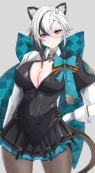 Rule 34 | 1girl, animal ears, aqua bow, arlecchino (genshin impact), black dress, black hair, bow, breasts, cat ears, cat tail, cleavage, commentary request, cosplay, cowboy shot, dress, genshin impact, hand on own hip, highres, kemonomimi mode, large breasts, long sleeves, lynette (genshin impact), lynette (genshin impact) (cosplay), multicolored hair, pantyhose, peli cantaro, shirt, short hair, simple background, solo, standing, streaked hair, tail, thighs, white background, white hair, white shirt