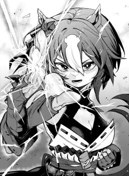 1girl animal_ears breasts cleavage_cutout clothing_cutout commentary_request electricity fingerless_gloves gloves greyscale highres horse_ears horse_girl looking_at_viewer lower_teeth_only martial_arts medium_breasts monochrome multicolored_hair open_mouth sash short_hair solo streaked_hair teeth umamusume v-shaped_eyebrows yaeno_muteki_(attack_of_the_four_white_meteors)_(umamusume) yaeno_muteki_(umamusume) yoino_iyo