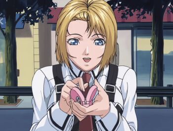 00s 1girl 2002 animated animated_gif bible_black bible_black_gaiden blonde_hair blue_eyes bow bowtie empty_wallet kitami_reika necktie school_uniform shirt short_hair surprised tagme wallet white_shirt