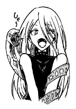 1girl animal commentary_request cropped_torso dot_nose fangs greyscale hair_between_eyes hisona_(suaritesumi) long_bangs long_hair looking_at_viewer monochrome open_mouth shirt simple_background sleeveless sleeveless_shirt smile snake solo sound_effects star_(symbol) touhou white_background yuiman_asama