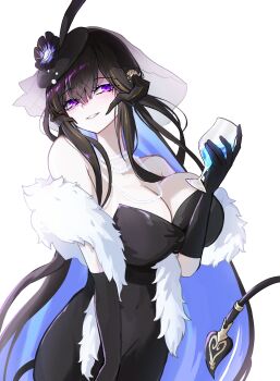 1girl absurdres black_dress black_gloves black_hair black_hat blue_hair breasts cleavage commentary constance_(honkai:_star_rail) constance_(recollection)_(honkai:_star_rail) cup demon_girl demon_horns dress elbow_gloves gloves hat highres holding holding_cup honkai:_star_rail honkai_(series) horns large_breasts maengkkong-i multicolored_hair official_alternate_costume parted_lips purple_eyes simple_background smile solo two-tone_hair