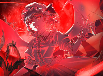 1girl bat_(animal) bat_brooch bat_wings breast_pocket collared_shirt commentary_request cowboy_shot fang fingernails frilled_shirt frilled_shirt_collar frilled_skirt frilled_wrist_cuffs frills from_below full_moon glowing glowing_eyes hat hat_ribbon hayosena highres huge_moon light_particles long_fingernails mob_cap moon open_mouth outstretched_hand pocket pointy_ears puffy_short_sleeves puffy_sleeves red_background red_eyes red_theme remilia_scarlet ribbon shirt short_hair short_sleeves sideways_glance skin_fang skirt smile solo touhou wings wrist_cuffs